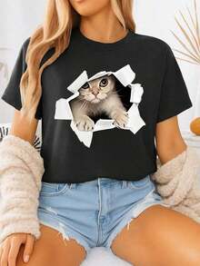 Camiseta de Mujer con Estampado Gráfico, Algodón Ligero, Verano, 100% Algodón, Camiseta de Manga Corta con Cuello Redondo y Divertido Estampado de Gato, Top Casual que Reduce la Edad, Adecuada para Uso Diario, en Casa, al Aire Libre y en Situaciones de Traslado. Camiseta Oversize de Mujer con Estampado 100% Algodón Puro. - Negro - Ver 6