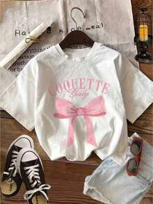 Camiseta femenina coquette casual lazo estampado tejido suave holgada cuello redondo manga corta primavera verano uso diario T-shirt - Blanco - Ver 6