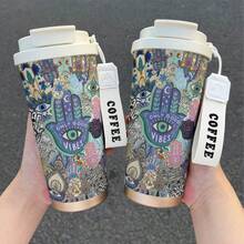 1個 530ML Cool Mask/Abstract Wishes/National Style 印花不鏽鋼保溫隨行杯，附蓋與矽膠吸管，舒適握感，大容量咖啡杯，適用辦公室、學校、居家、露營，送給朋友/家人的禮物推薦 - 彩色 - 查看 4
