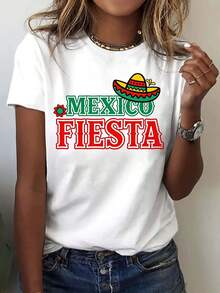 Camiseta con Estampado Gráfico de Fiesta Mexicana y Sombrero, Manga Corta, Cuello Redondo, Estilo Casual para Primavera y Verano, Ropa de Mujer - Camiseta Unisex de Algodón, Manga Corta, Cuello Redondo, Estilo Vintage Urbano - Blanco - Ver 1