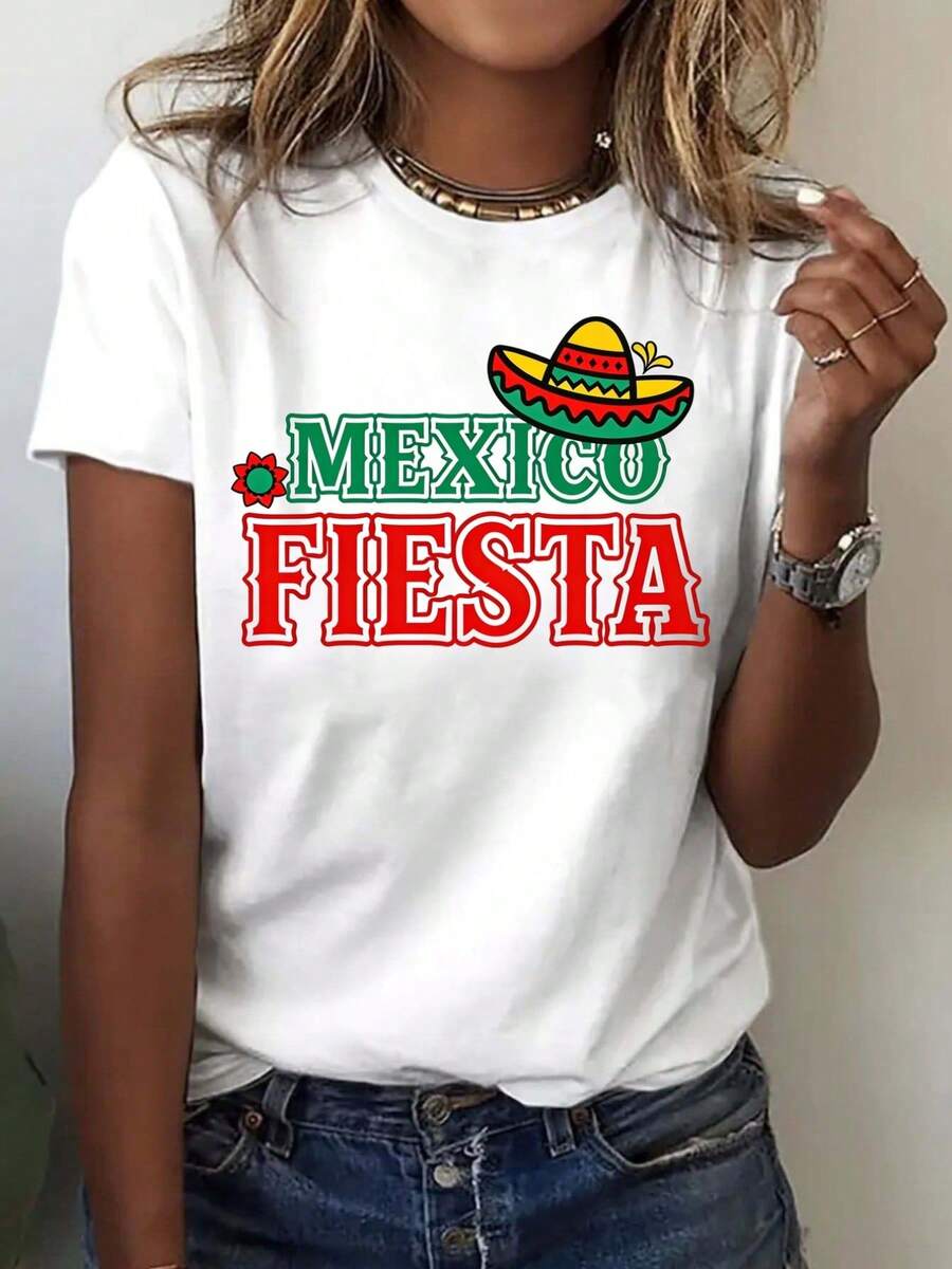 Camiseta con Estampado Gráfico de Fiesta Mexicana y Sombrero, Manga Corta, Cuello Redondo, Estilo Casual para Primavera y Verano, Ropa de Mujer - Camiseta Unisex de Algodón, Manga Corta, Cuello Redondo, Estilo Vintage Urbano - Blanco - Ver 1