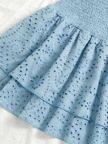 Vestido azul marino con cintura ceñida, plisado, sin tirantes, sexy, calado, con bordado y dobladillo fruncido, estilo vacaciones - Celeste - Ver 4