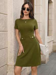 Vestido mini elegante y chic de mujer con unicolor, decoración de botones y encaje en la cintura, para el verano - Verde militar - Ver 7