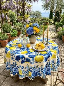 1pc Blue Lemon Floral Print Tablecloth Rectangular Table Cover Mediterranean Style Polyester Fabric Waterproof Oilproof Tablecloth Lemon Pattern Blue Flower Table Cloth Elegant Vintage Farmhouse Table Cover For Dining Table Kitchen Table Outdoor Patio Garden Picnic Party Wedding Holiday Summer Spring Home Decor - Multicolor - View 19