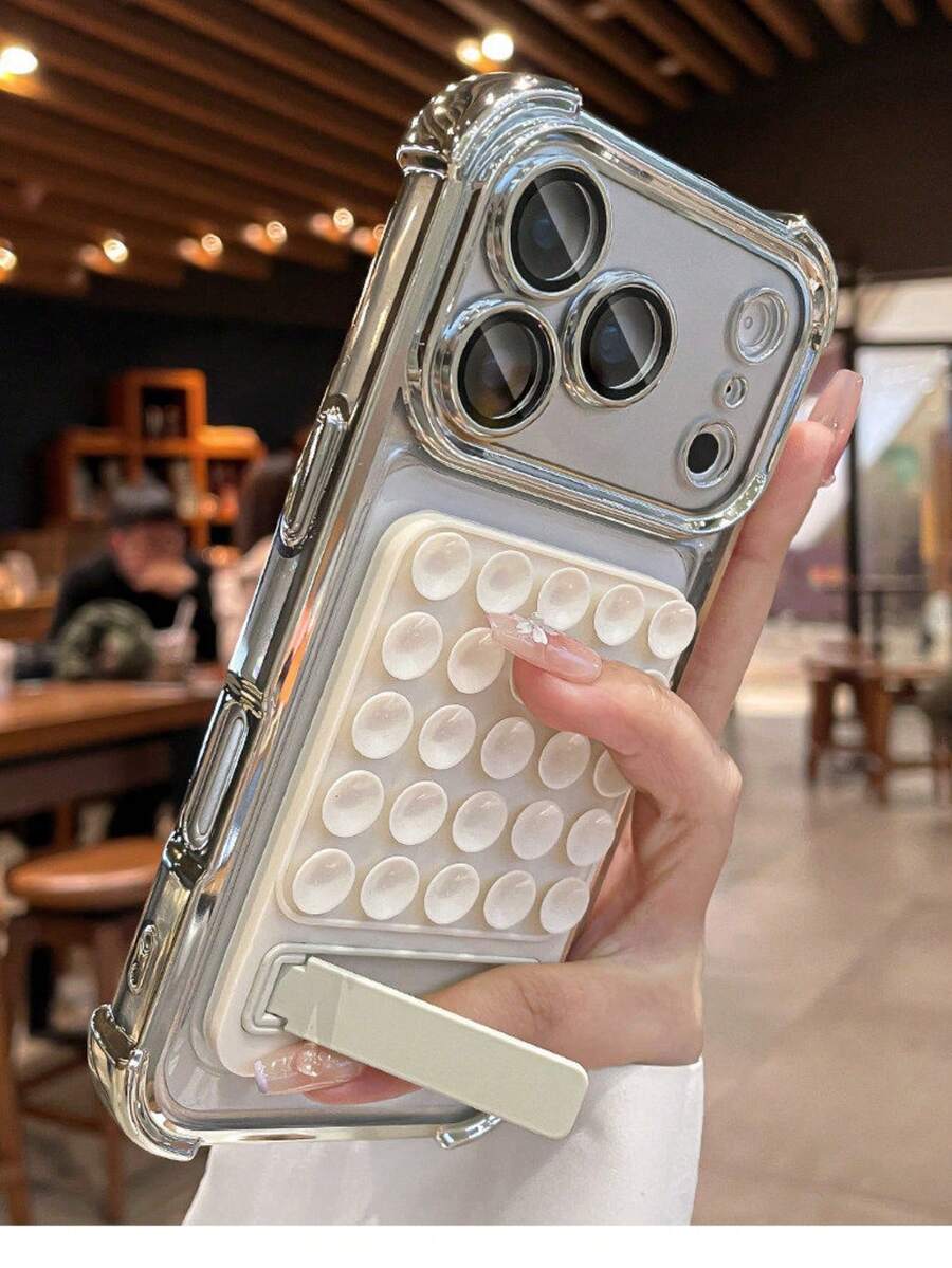 1件 DIY 四角電鍍吸盤支架透明手機殼,適用於 iPhone 18 Pro Max 17 16 15 14 13 12 11 Pro Max Plus,硬 PC 背蓋 - 銀色 - 查看 1