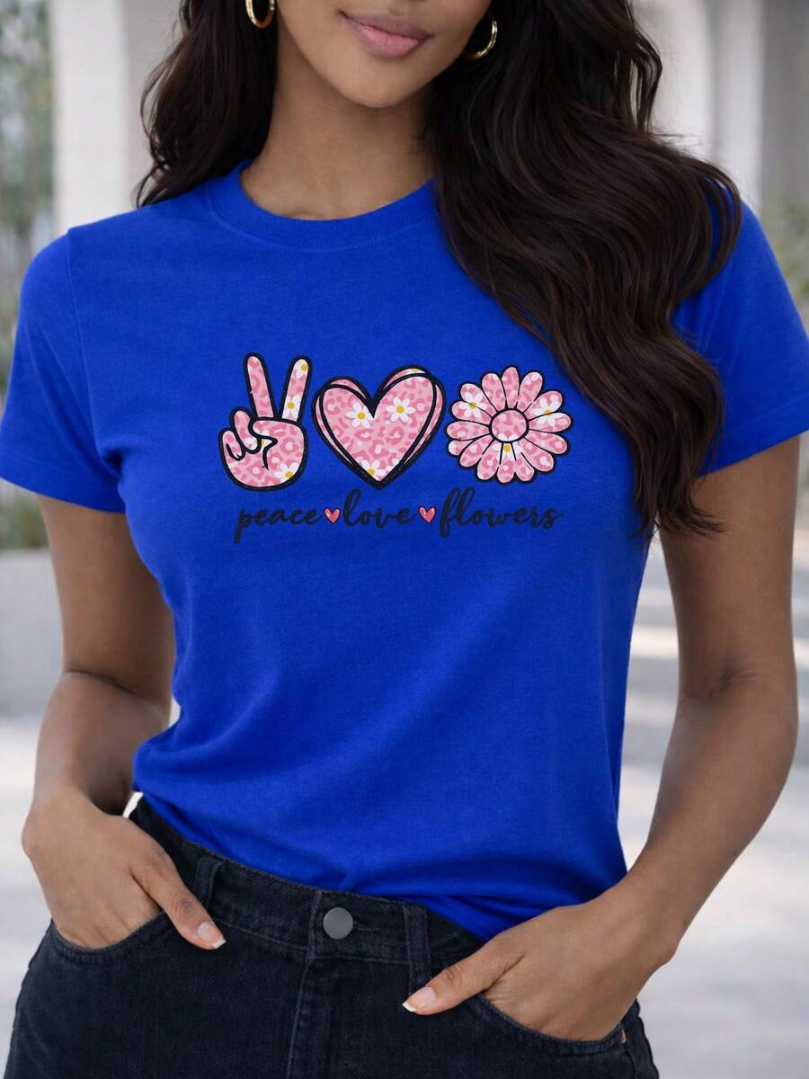 Soft 100% Cotton T-Shirt, Casual Women's T-Shirt With Cursive Lettering, Retro, Peace Symbols, Love And Flowers, Leopard Print, Heart, Breathable Cotton T-Shirt, Matches Everything, Cool. - 藍色 - 查看 1
