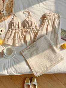 2 piezas Conjunto casual de vacaciones con rayas tejidas amarillas para mujer, /verano - Albaricoque - Ver 6