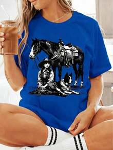Women's 100% Cotton T-Shirt With Cowgirl, Horse, And Dog Print, Retro Country Style, Round Neck, Short Sleeve, Casual, Summer, Soft And Breathable, For Country Music Festivals And Rodeos, Gift For Horse Lovers, Dog Owners, And Country Lifestyle Enthusiasts, Summer Clothing - 藍色 - 查看 6