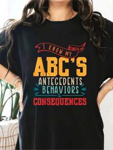 100% Algodón, Camisetas de Manga Corta con Cuello Redondo para Mujer, Estampado "Sé Mi ABC", para Analistas de Comportamiento Aplicado, Terapeutas de Comportamiento Aplicado, RBT, Blusas para mujer, Tops de Verano, Ropa de Verano para Mujer - Negro - Ver 7