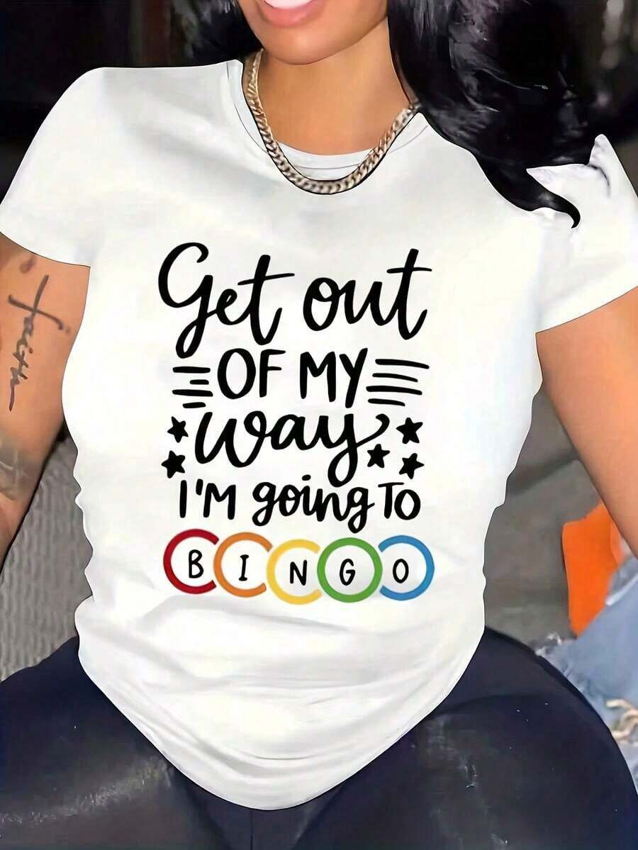 Women's Short Sleeve T-Shirt With Graphic Print And Crew Neck - Featuring The Slogan "Get Out Of I'm Going To RINGO" And Colorful Stars And Bingo Balls, Summer Casual Sporty Top, Machine Washable, Everyday Wear, 220g Leisure - 白色 - 查看 1