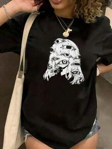 Bajo el Radar Cuello Redondo Estampado Divertido ﻿     Camiseta Gráfica Negra con Diseño Artístico de Múltiples Ojos, Top Casual de Talla Grande para Mujer, Camiseta de Moda Unisex, Ideal para Regalos de Fiestas - Estilo Urbano Vintage, Camiseta Unisex Holgada de Algodón de Manga Corta y Cuello Redondo - Negro - Ver 1