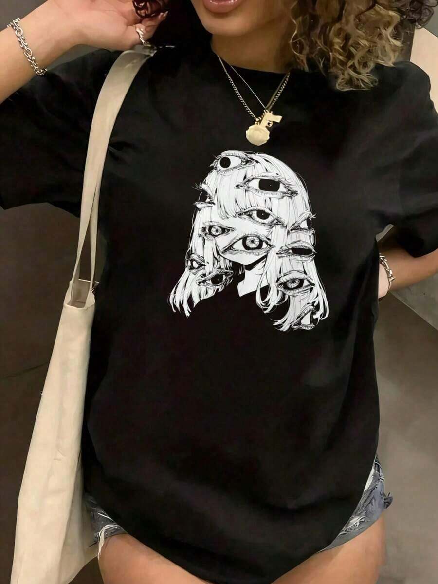 Bajo el Radar Cuello Redondo Estampado Divertido Camiseta Gráfica Negra con Diseño Artístico de Múltiples Ojos, Top Casual de Talla Grande para Mujer, Camiseta de Moda Unisex, Ideal para Regalos de Fiestas - Estilo Urbano Vintage, Camiseta Unisex Holgada de Algodón de Manga Corta y Cuello Redondo - Negro - Ver 1