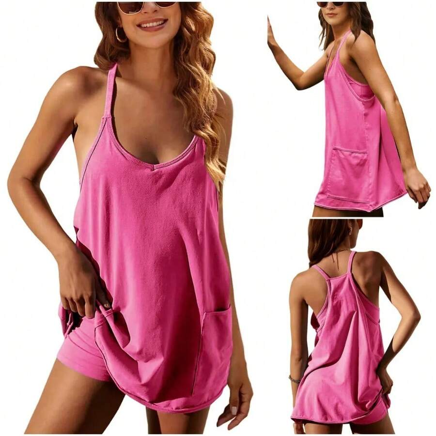 [Free Shiping] UANEO Women's Summer Sleeveless Mini Dress V Neck Spaghetti Straps Athletic Built-In Shorts Sundress - màu nâu - Xem 1