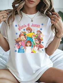 Blouses > Cute White T-Shirt With Character Print And Junie B. Jones Text, Casual Summer Clothing For Women And Girls, Spring And Summer Season 100% Cotton Casual Blouses For Women - 白色的 - 查看 1