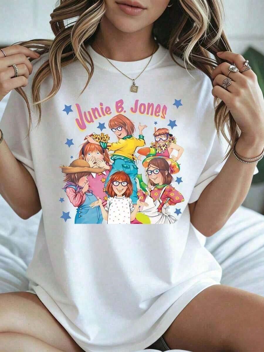 Blouses > Cute White T-Shirt With Character Print And Junie B. Jones Text, Casual Summer Clothing For Women And Girls, Spring And Summer Season 100% Cotton Casual Blouses For Women - 白色的 - 查看 1