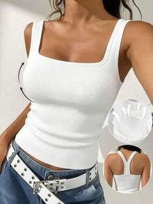 1pc Women's Minimalist Casual Padded Camisole, Fitted Sleeveless Solid Color Square Neck Knit White Top - White - View 2