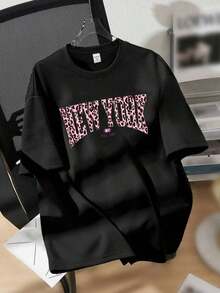 Women's Leopard Print And Lettering T-Shirts, Casual Minimalist Design, Loose Fit, Crew Neck, Short Sleeves, Pullover Style, Suitable For Everyday Summer Wear. Y2K Style Activewear, Crew Neck, 100% Cotton, Soft Fabric, Short Sleeves. - 黑色 - 查看 3