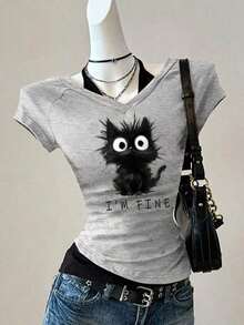 Camiseta de mujer casual de cuello en V retro, con atar, de manga corta y contraste de color, adecuada para el verano - Gris Claro - Ver 3