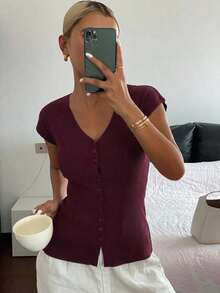 Cárdigan casual de verano para mujer, de unicolor, ajustado, de cuello en V, elástico y delgado - Burdeos - Ver 6