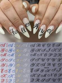 5pcs/Set Handwritten Letter Nail Stickers, Black/Red/Blue/Gold/Silver 3D Self-Adhesive Nail Art Decals, DIY Nail Supplies For Women - Multicolor - View 2