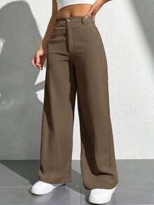Pantalones casuales simples de unicolor para mujer para usar todos los días - Café integral 2 - Ver 5