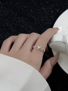 1 pieza Anillo ajustable de doble capa con mariposa y cristales de estilo frío - Anillo apilable brillante, joyería de declaración de verano para mujeres - Mariposa - Ver 6