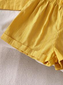 Young Girls' V-Neck Short Sleeve Shirt + Elastic Waist Loose Shorts 2 Pieces Vacation Outfit, Spring/Summer - Yellow - View 7