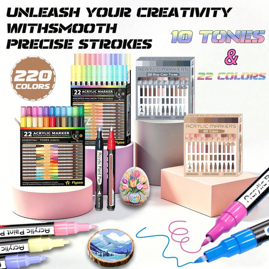 Flysea 22pcs/Box Acrylic Paint Markers, Gradient Colors (Skin Tone/Gray/Blue/Macaron/Dopamine/Glitter/Metallic) 16 Color Schemes, 0.7mm Super Fine Tip Markers Suitable For Detailed Drawing, Sketching, Writing On Stone, Wood, Metal, Glass, Canvas, DIY Graffiti, Quick Drying And No Smudging