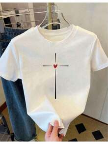 SimpieAndVersatileDesignCamiseta casual con estampado, fe cruz cristianismo amor fe corazón , para mujer ajuste regular manga corta playera cuello redondo, blusas gráficas para mujerCottonT-Shirt - Blanco - Ver 7
