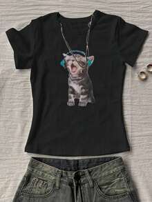 Women's Short-Sleeved T-Shirt With Round Neck And Cat Print - 黑色 - 查看 7