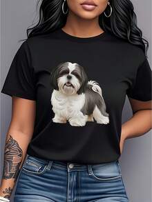 Shih Tzu Dog Print T-Shirt, Short Sleeves And Round Neck, Women's Clothing, Modern And Versatile, Suitable For Casual Daily Wear, At Home, Outings And Holidays, Pure Cotton Women's T-Shirt With Print. - 黑色 - 查看 7