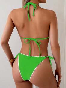 Swim Vcay - Conjunto de Bikini Triangular Sexy con Ribete de Encaje para Mujer, 2 Piezas, Conjunto de Bikini Halter con Tiras Simples para Vacaciones de Verano en la Playa - Verde - Ver 2