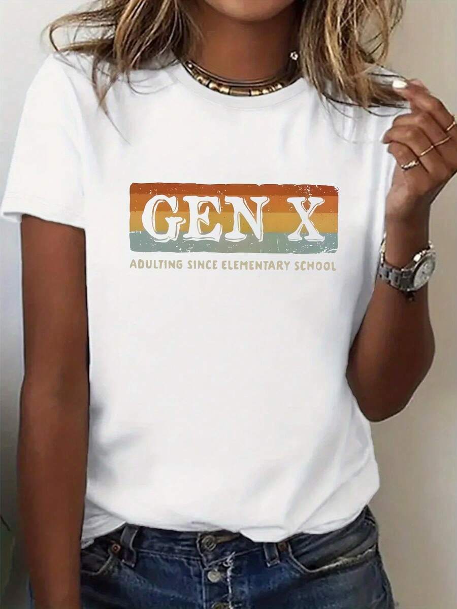 Plus Size - Plus Size - A Vintage-Style Women's T-Shirt With Colorful Striped Patterns And The Texts 'GEN X' And 'ADULTING SINCE ELEMENTARY', Designed In Plus Sizes With A Round Neck. - White - View 1