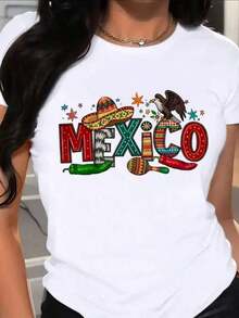 Camiseta de mujer moderna, informal, para fiestas y para estar en casa, 100% algodón, corte holgado.1pscCamiseta blanca con estampado "méxico" y elementos característicos de méxico en la parte delantera, con un toque regional. Hecho de tejido de algodón, suave, transpirable y ligeramente elástico. Ideal para eventos culturales mexicanos, viajes conmemorativos y otros escenarios.100%cotton - Blanco - Ver 6