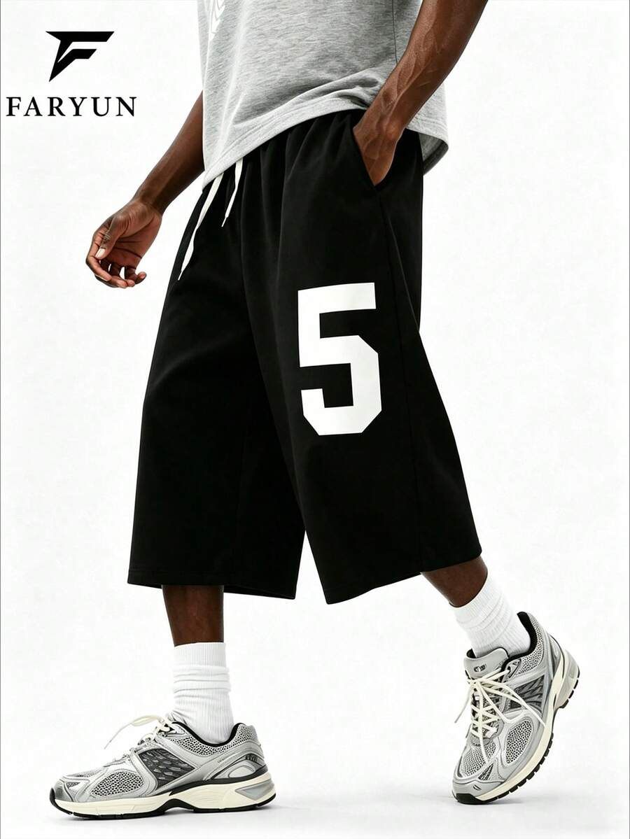 Pantalones holgados de verano para hombres con cintura elástica y cordón, estampado con el número 5, estilo casual de alta calle, uso versátil diario - Negro - Ver 1