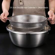 1 Set Thick Stainless Steel Colanders With Mixing Bowl, Rice Washing Bowl, Double-Ear Vegetable Washing Basin,Multi-Size Perforated Strainer Baskets With Handles, Multipurpose Rice, Fruit & Vegetable Washing Bowl For Kitchen - S+M+L - View 23