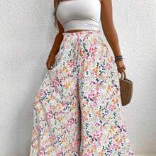 Plus Size Floral Printed Wide Leg Casual Vacation Pants Fall Cloth For Women - Multicolor - Ver 1