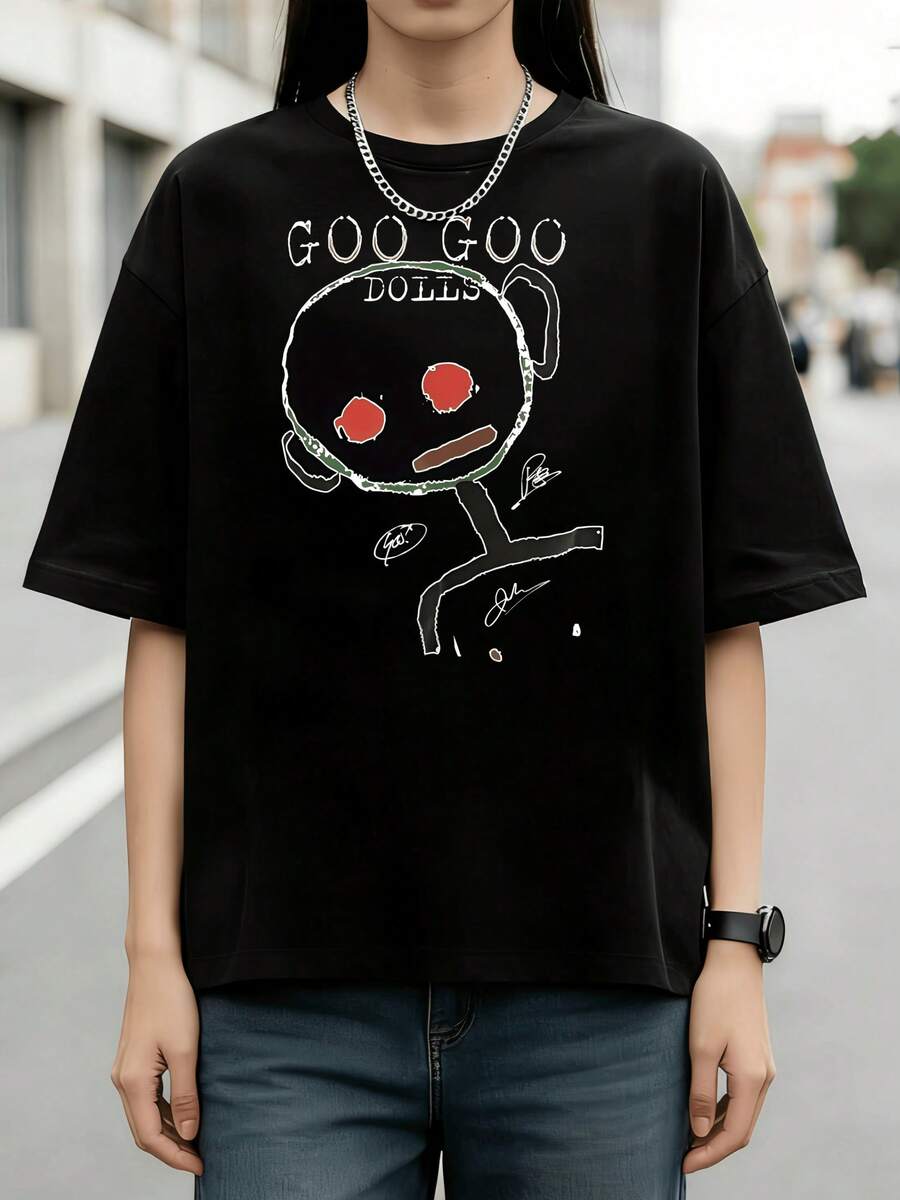 Goo Goo Dolls Band Retro Cartoon Doll Cotton Summer Short Sleeve T-Shirt - Black - View 1
