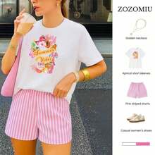 A Women's Short-Sleeve Tee With A Retro American Style, Featuring A Relaxed Fit And A Printed Design (Pants Are For Styling Suggestions Only). This Simple Yet Stylish Piece Features A Tropical-Themed Printed Letter Pattern, Making It A Must-Have For Creating A Laid-Back Holiday Look, Perfect For Occasions Like Labor Day And Mexican Independence Day. - 白色 - 查看 8