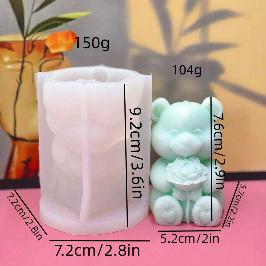 Heart Blush Hugging Floral Bear Silicone Mold, Candle, Wax Melts, Plaster, Soap, Home Decor Silicone Mold - A-White - View 1