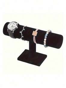 1pc Elegant Black Velvet T-Bar Bracelet Display Stand - Tabletop Jewelry Holder, Mother's Day Gift, Suitable For Retail Display Cases, Sturdy Plastic Base, Great For Necklaces, Bracelets And Watches,Multi-Functional Desktop Organizer, - Black - View 3