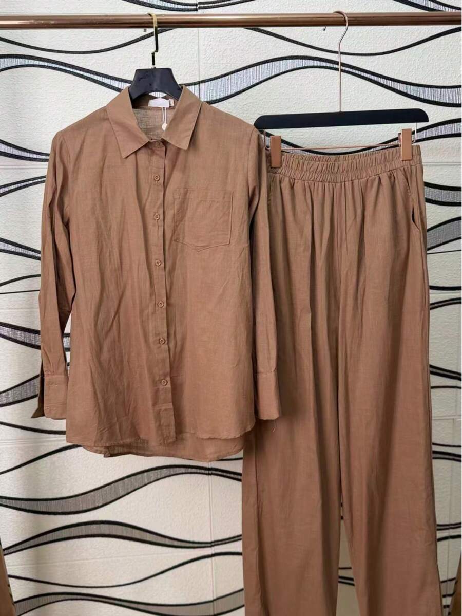 Linen Shirt And Pants Set (2 Pieces), Lined With Elastic. - Mocha Brown - View 1