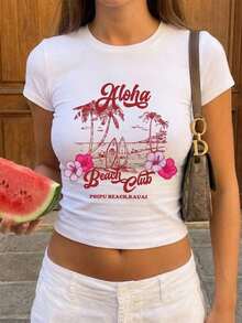 1 pieza de camiseta de verano para mujer, de cuello redondo, manga corta, corte ajustado, informal, con estampado inglés de palmeras, tablas de surf y costas, estilo Y2K, adecuada para primavera, verano, playa, calle, uso diario, trabajo, fiestas de oficina, salidas, carnaval, festivales de música, Día de San Valentín, fiestas, color blanco. . Estilo Y2K, estilo a la moda, lo más nuevo de 2026, estilo lindo, estilo casual. 180g (Tallas S-XXXL) - Blanco - Ver 1