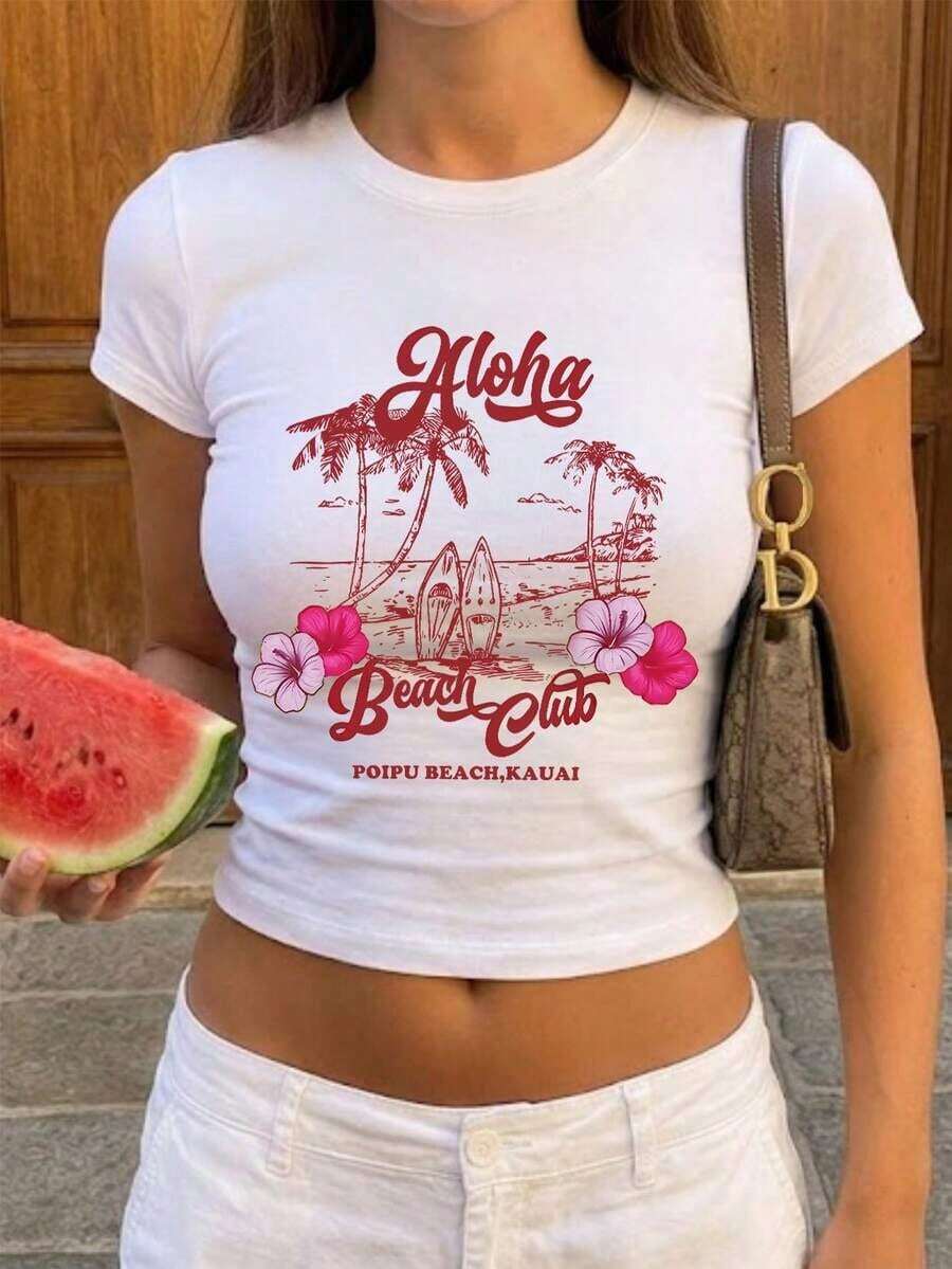 1 pieza de camiseta de verano para mujer, de cuello redondo, manga corta, corte ajustado, informal, con estampado inglés de palmeras, tablas de surf y costas, estilo Y2K, adecuada para primavera, verano, playa, calle, uso diario, trabajo, fiestas de oficina, salidas, carnaval, festivales de música, Día de San Valentín, fiestas, color blanco. . Estilo Y2K, estilo a la moda, lo más nuevo de 2026, estilo lindo, estilo casual. 180g (Tallas S-XXXL) - Blanco - Ver 1