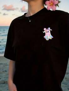 Camiseta estampada por delante y por detrás con un fantasma arcoíris, un diseño temático de Halloween para mujeres, de cuello redondo casual y manga corta, elegante y con estilo, camiseta estampada reversible para mujer.Camiseta Y2k - Negro - Ver 3