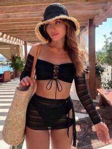 Swim Mod Conjunto de traje de baño de 3 piezas Primavera/Verano 2026: Bikini azul con hombros descubiertos y encaje degradado para mujer, traje de baño de manga larga semitransparente, dulce para vacaciones de verano en la playa - Negro - Ver 3