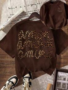 Women's "More Love" Leopard Print Round Neck Short Sleeve T-Shirt, Casual, Black, For Summer, Autumn/Back To School. - 棕色 - 查看 1