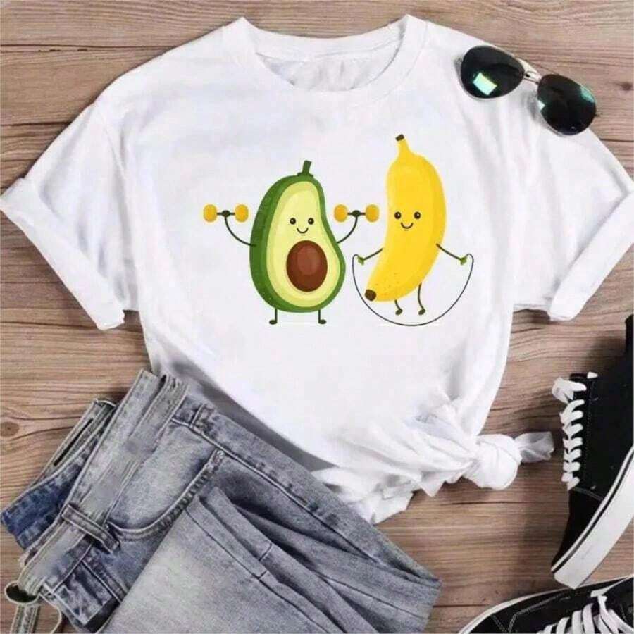 COOL SUMMER Women's Cartoon Fish Print T-Shirt, Soft Cotton, Short Sleeve, Vintage Style, Unisex, Loose Fit, Cotton, Round Neck, Casual Street Style, Blouses For Women, Women's T-Shirts, Casual Blouses For Ladies. - 白色 10 - 查看 1