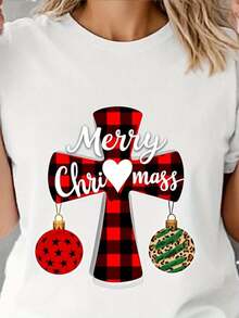 Camiseta de Navidad blanca de Buffalo Plaid de las mujeres - Top de manga corta roja y negra con impresión de ornamento de cruz alegre, camiseta de cuello de tulación de uste relado para fiestas de vacaciones, desgaste informal y regalos de Navidad (diseño de corona de cruz y holly) - Blanco - Ver 2