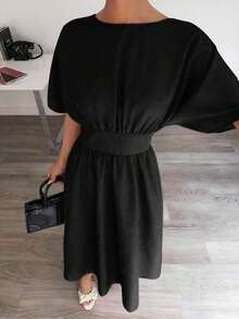Vestido midi de verano casual para mujer con mangas de murciélago, espalda descubierta y cintura con lazo - Negro - Ver 4